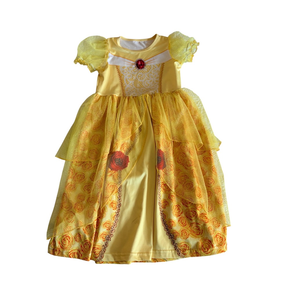 Princess Belle Costume Dress Little Girls Size 5-6 Yellow Red Roses Tulle